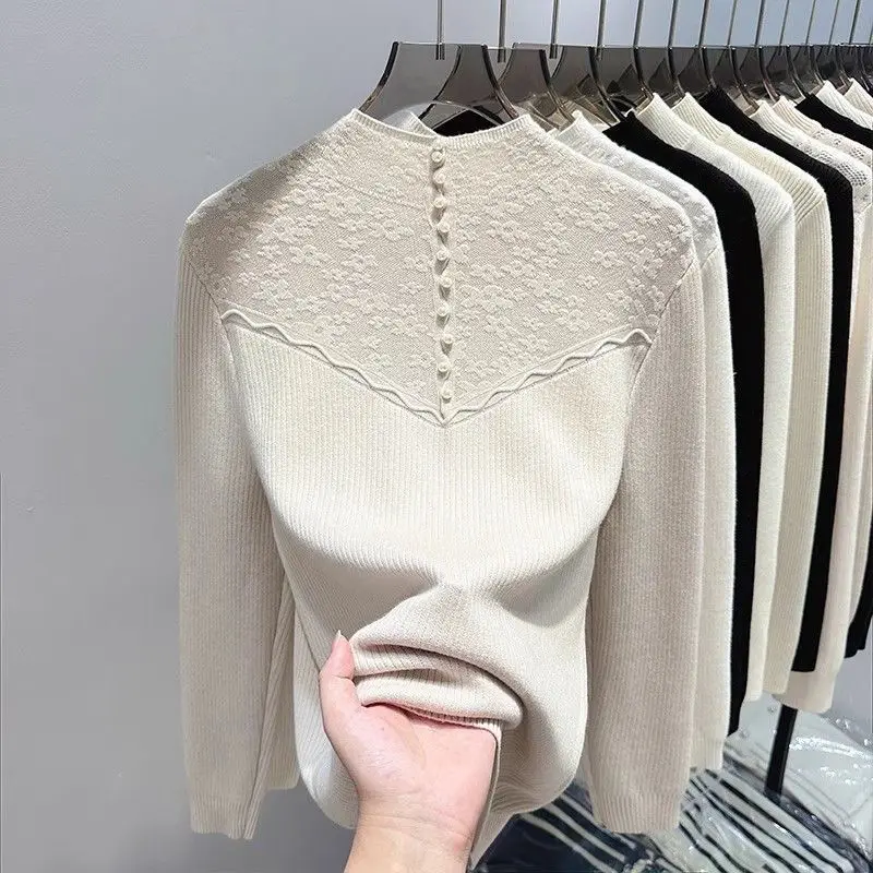 Women\'s Autumn and Winter New Semi High Collar One-piece Velvet Knitted Base Sweater with Added Velvet and Thickened Sweater Top