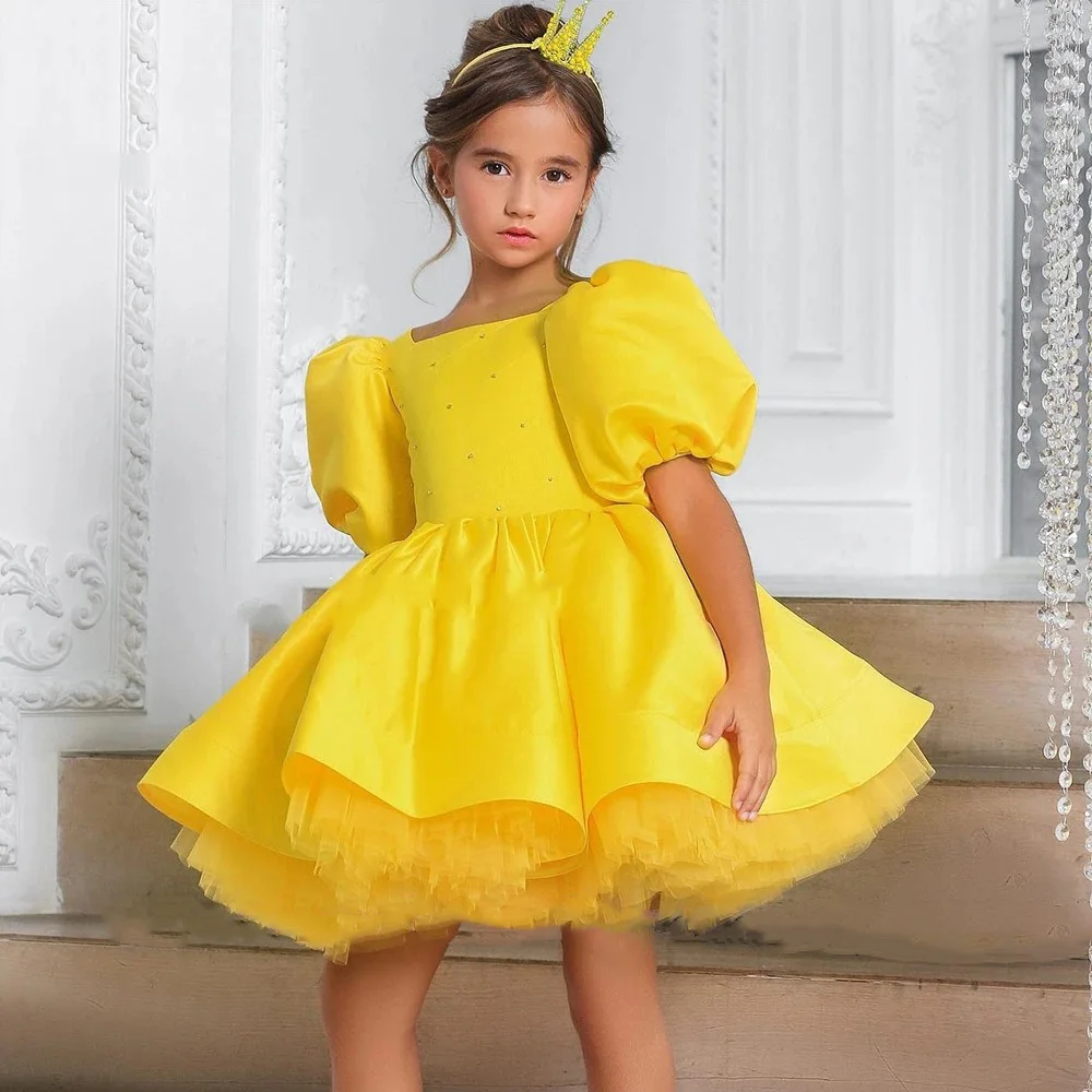 

Yellow Flower Girl Dresses Baby for Wedding Satin Knee Length Kids Formal Wear for Photoshoot First Communion Gowns Customized