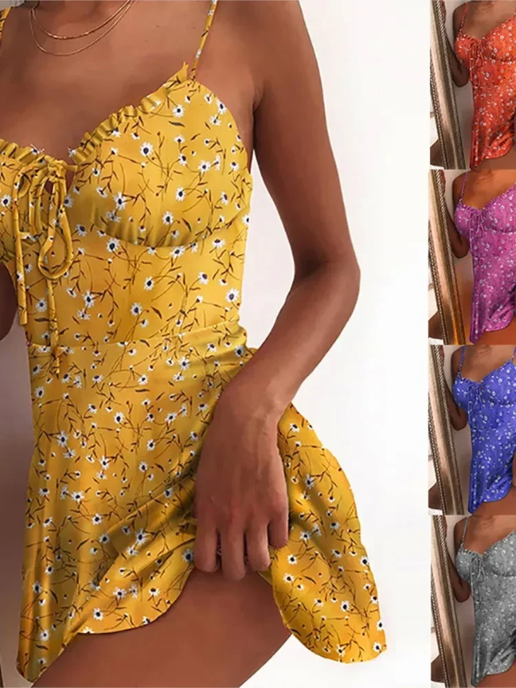 Floral Print Spaghetti Strap Slim Mini Dresses Women Sexy Low Cut Hollow Out Leace-up Package Hip Ruffles Short Dress Female