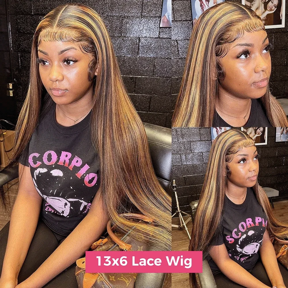 P427 Straight HD Lace Front Human Hair Wig Highlight 13x4 13x6 Straight Brazilian HD Lace Frontal Wig For Women Pre Plucked 46 Inch