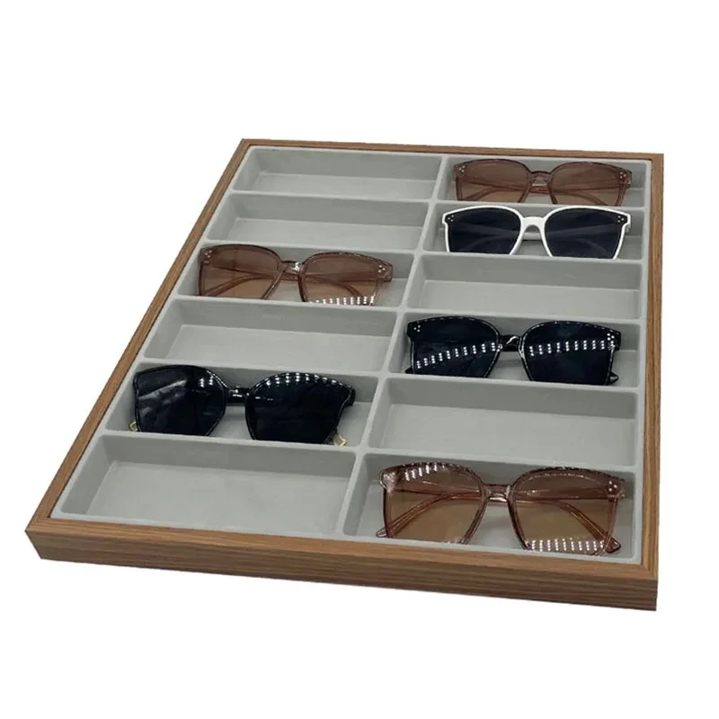 Neue 12 Gitter Walnuss Holz Brille Lager regal Sonnenbrille Display Tablett Samt Brillen Brillen Lagerung Organizer Boxen – Detail 9