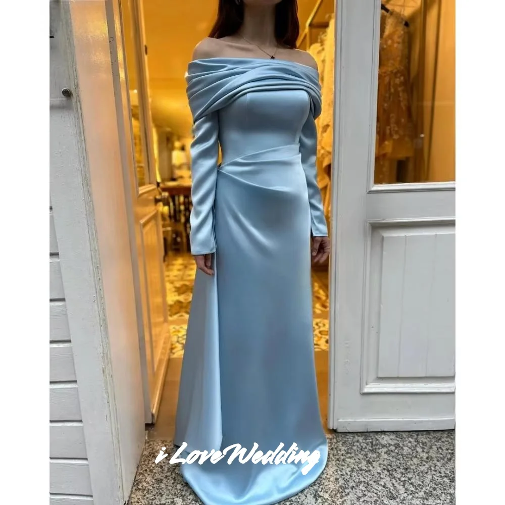 블루 스트랩리스 이브닝 드레스 2025 오프 숄더 긴 소매 A라인 바닥 길이 백리스 플리츠 웨딩 파티 드레스 맞춤 제작
