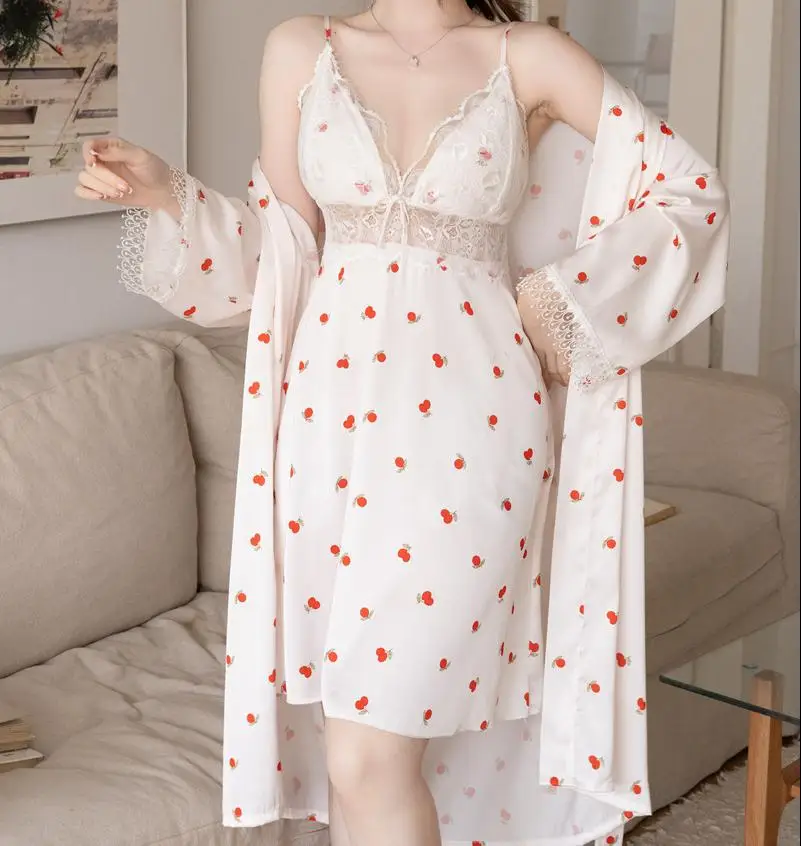 

Twinset Robe Set Sexy Lace Nightdress Sleepwear Women Print Satin Kimono Bathrobe Gown Suit Summer Nightgown Home Wear Clothes