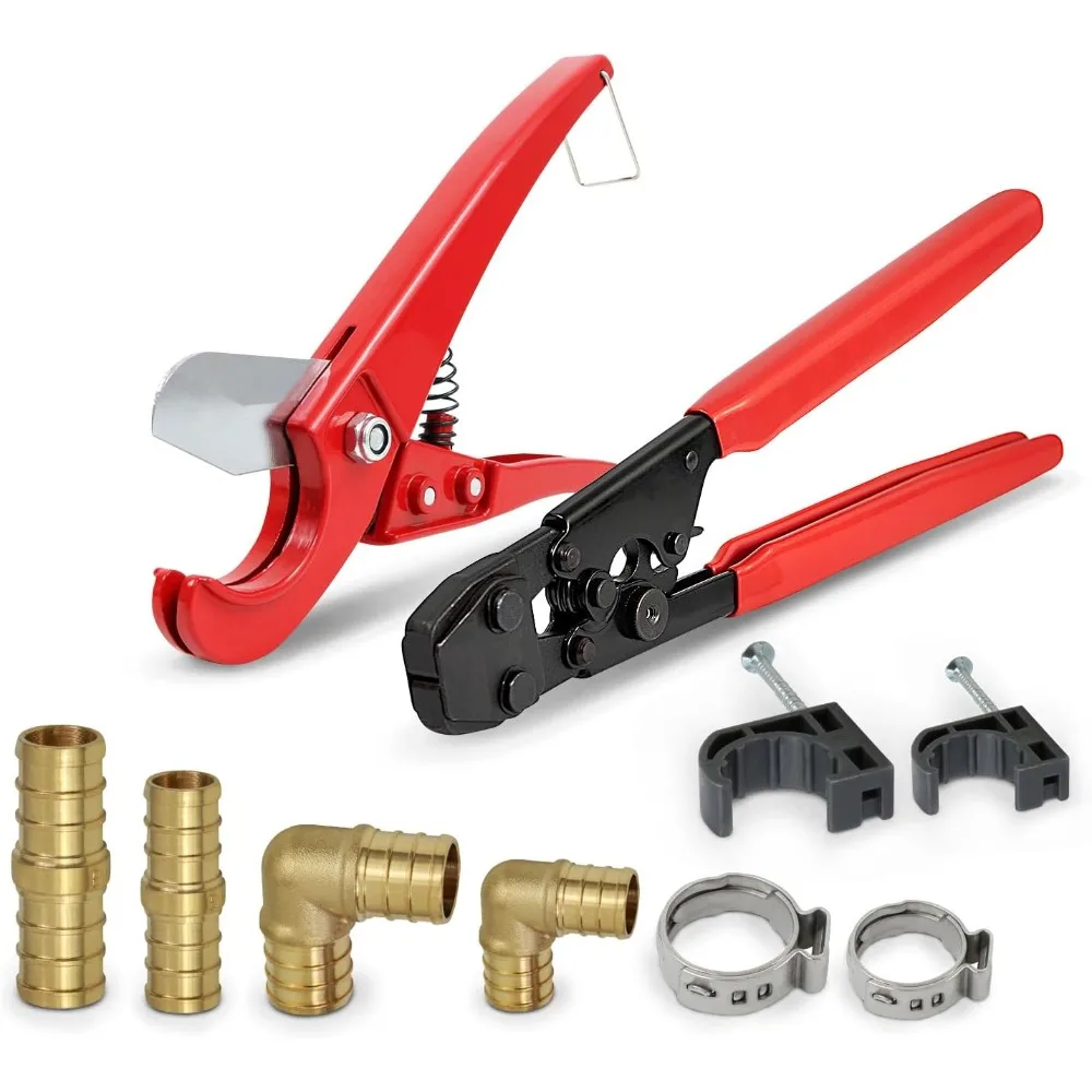 

Pexflow Starter Kit for 1/2-In Pex with Crimper & Cutter Tools - Set includes Brass Elbow & Coupling Fittings, Cinch Clamps