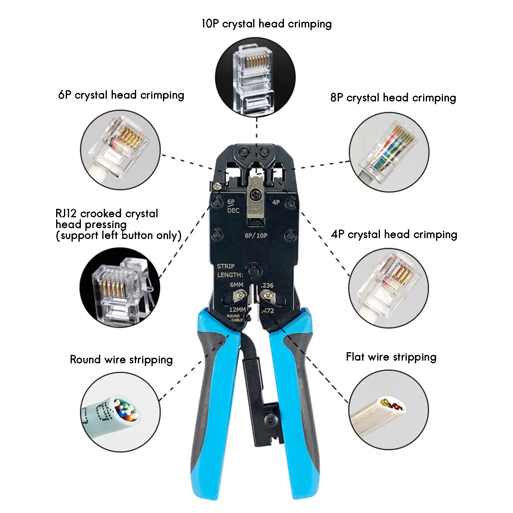 RJ45 Network Crimper Tools, Stripper para cabo Ethernet, Conector do cabo Ethernet, 10P, 8P, 6P, 4P, RJ45, RJ11, RJ12, RJ50