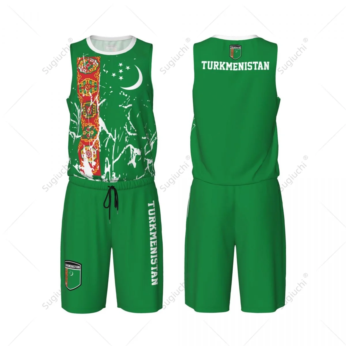 ชุด JERSEY Basket ลายธงเตอร์กีเมนิสถานของผู้ชายเสื้อและกางเกงเสื้อแขนกุดออกแบบชื่อเฉพาะ Nunber