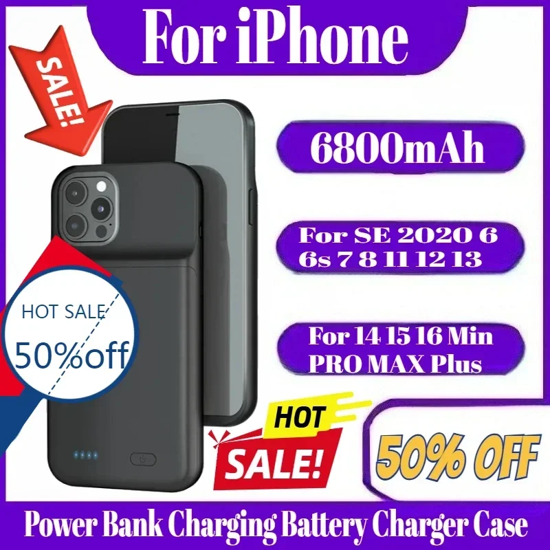 

Battery Case For iPhone SE 2020 6 6s 7 8 11 12 13 14 15 16 Min PRO MAX Plus Power Bank Charging Battery Charger Case 6800mAH