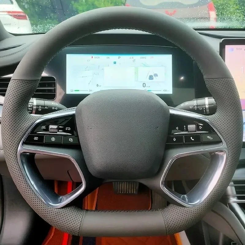 

Custom Auto Interior Hand-stitched Black Comfy Breathable Genuine Leather Car Steering Wheel Cover For BYD Sea dmi Sea 07 dmi