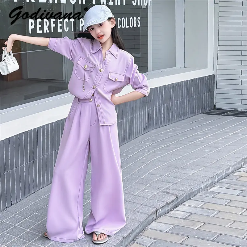 Teens Girls Fashion Retro Shirt and Wide-leg Pants Set 2026 New Premium Elegant Short-sleeve Blouse and Pants 2pcs Casual Outfit