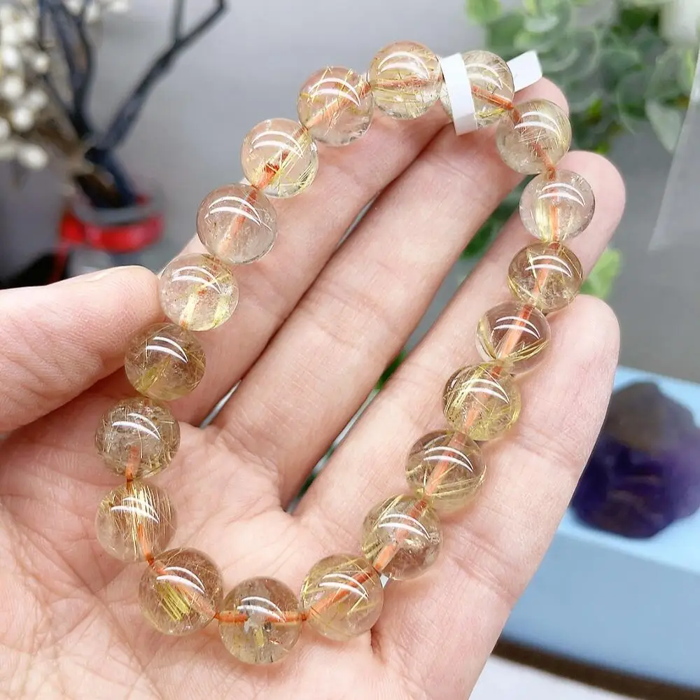 10MM Natural Golden Rutilated Quartz Bracelet Women Beautiful Colorful Crystal Energy Healing Fashion Gemstone Jewelry