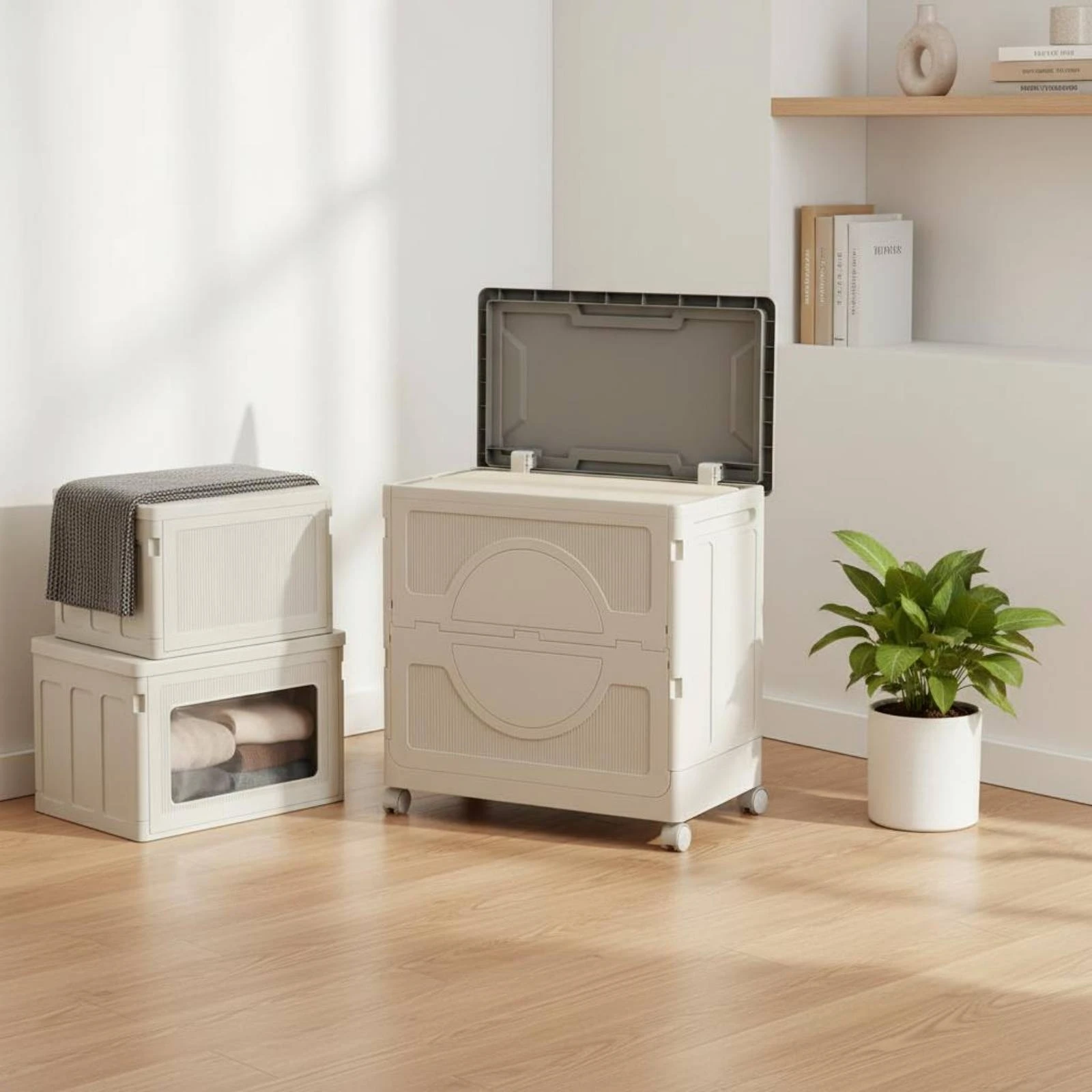 Folding Storage Box Swivel Casters Rolling Storage Box Folding Closet Bin Front-Opening Home Organizer Space-Saving