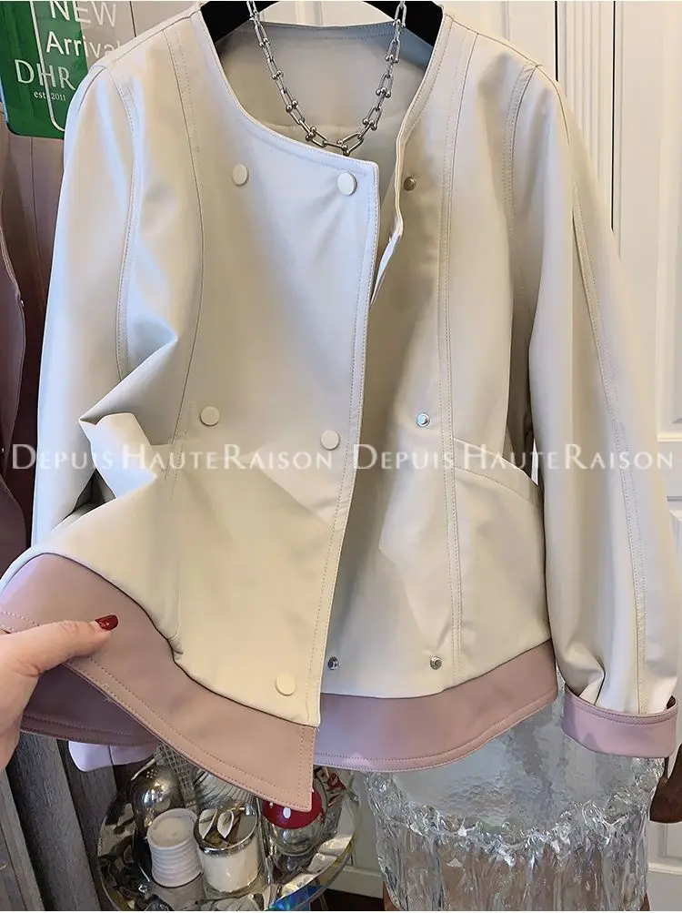 2024 Vintage Hong Kong Stil Chic Süße Würzig Kontrast Farbe Neutral Stil Leder Jacke Frauen Kurze Papa Stil Top Herbst