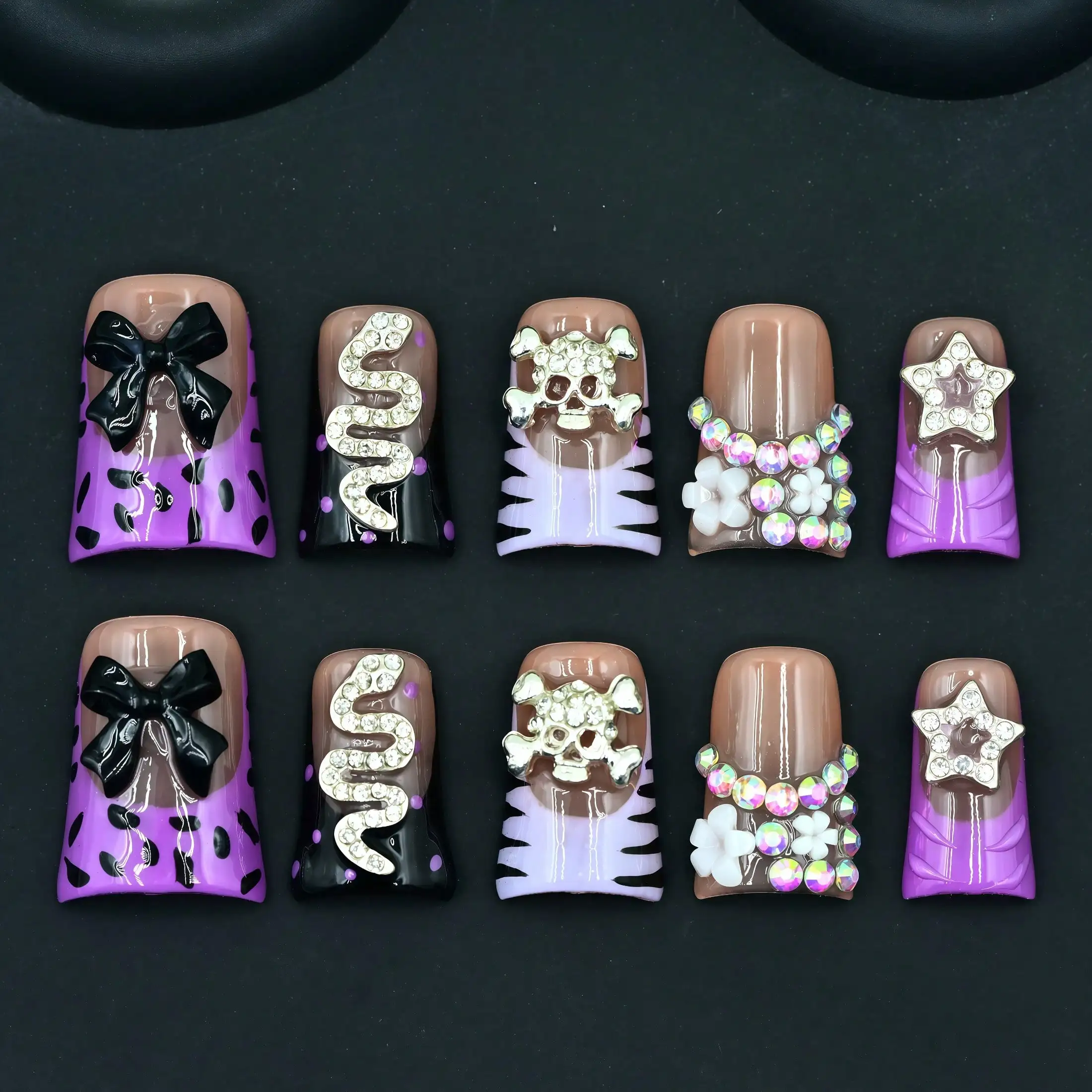 

Luxury Handmade Press On Nails - Short Duck Nails, Purple Zebra & Crystal Snake Charms