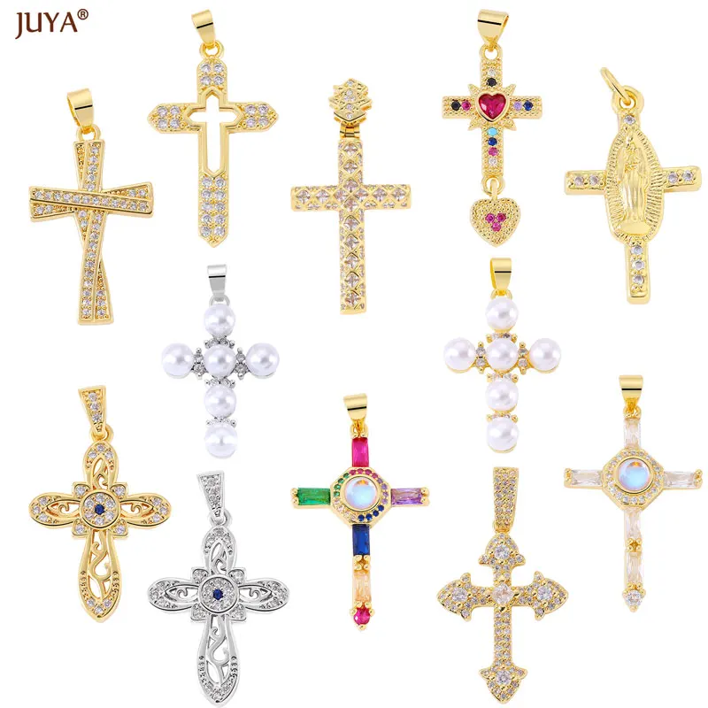 

JUYA Christian Cross Charms With CZ Copper Gold Plated Pendant For Designer DIY Women Luxury Jewelry Making Supplies Accessories