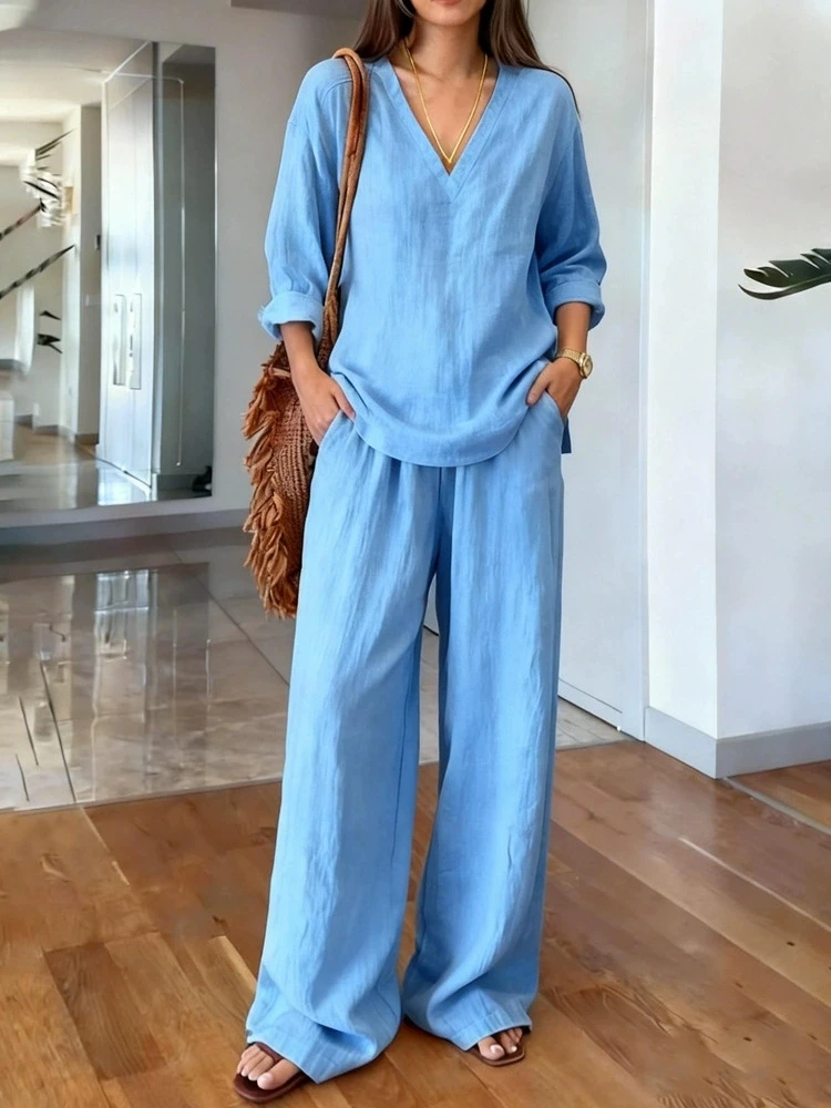 

Elegant Lady Simple Commute 2PC Linen V-neck Long Sleeve Pullovers And Pocket Pants Sets Casual Solid Color Loose Holiday Sets