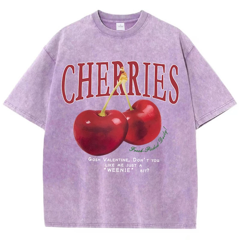 

Women Cotton Washed T-Shirts Trend O-Neck Distressed Tops Fresh Red Cherries Print Short Sleeve Summer Street Female Clothes
