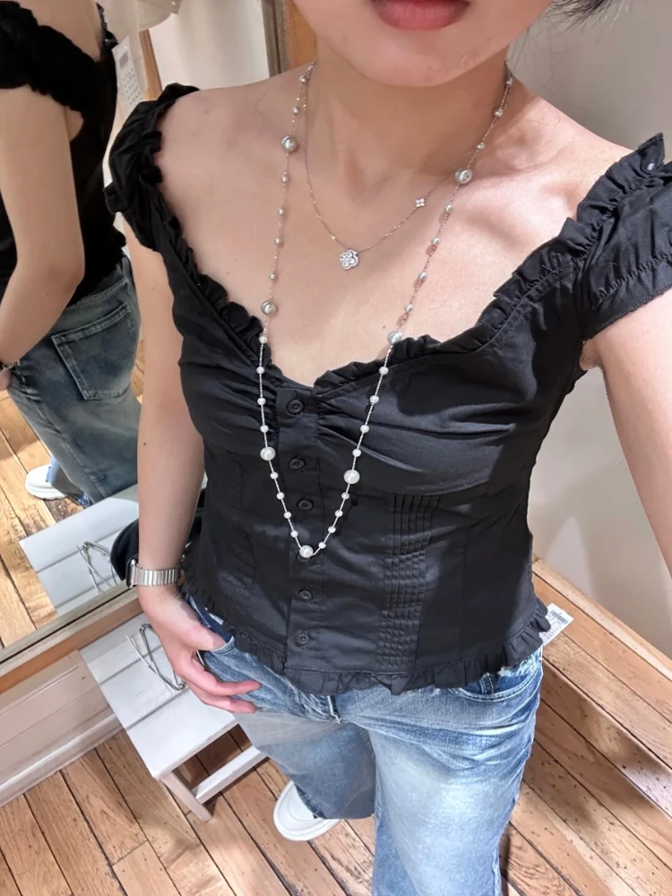 American Retro Ruffle V-ne Bubble Sve irt Afslankende Veelzijdige Dames Top Brandy Girl Sweet Sle ort Sve Button C...