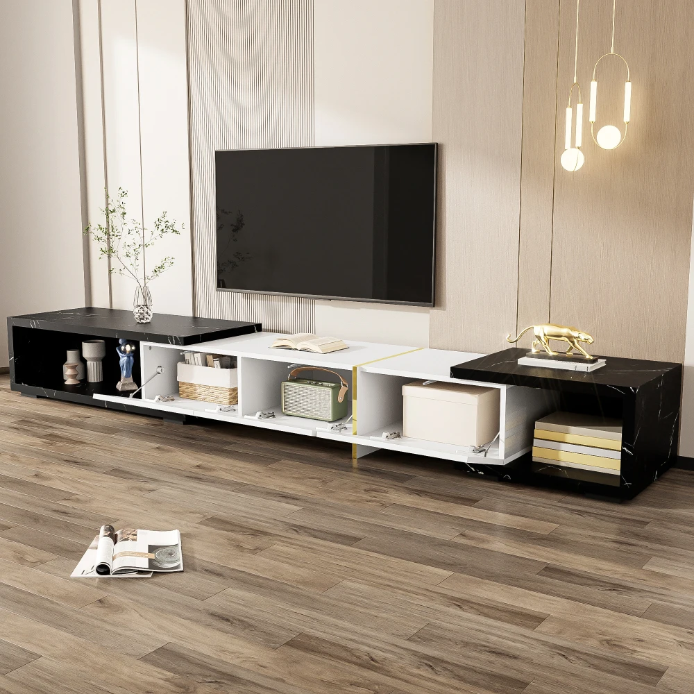 Moderner TV-Schrank mit variabler Länge (140–260 cm), drehbarer Funktion, weißes Hochglanz-Matt-Finish und goldenen Dekorationen – Detail 12