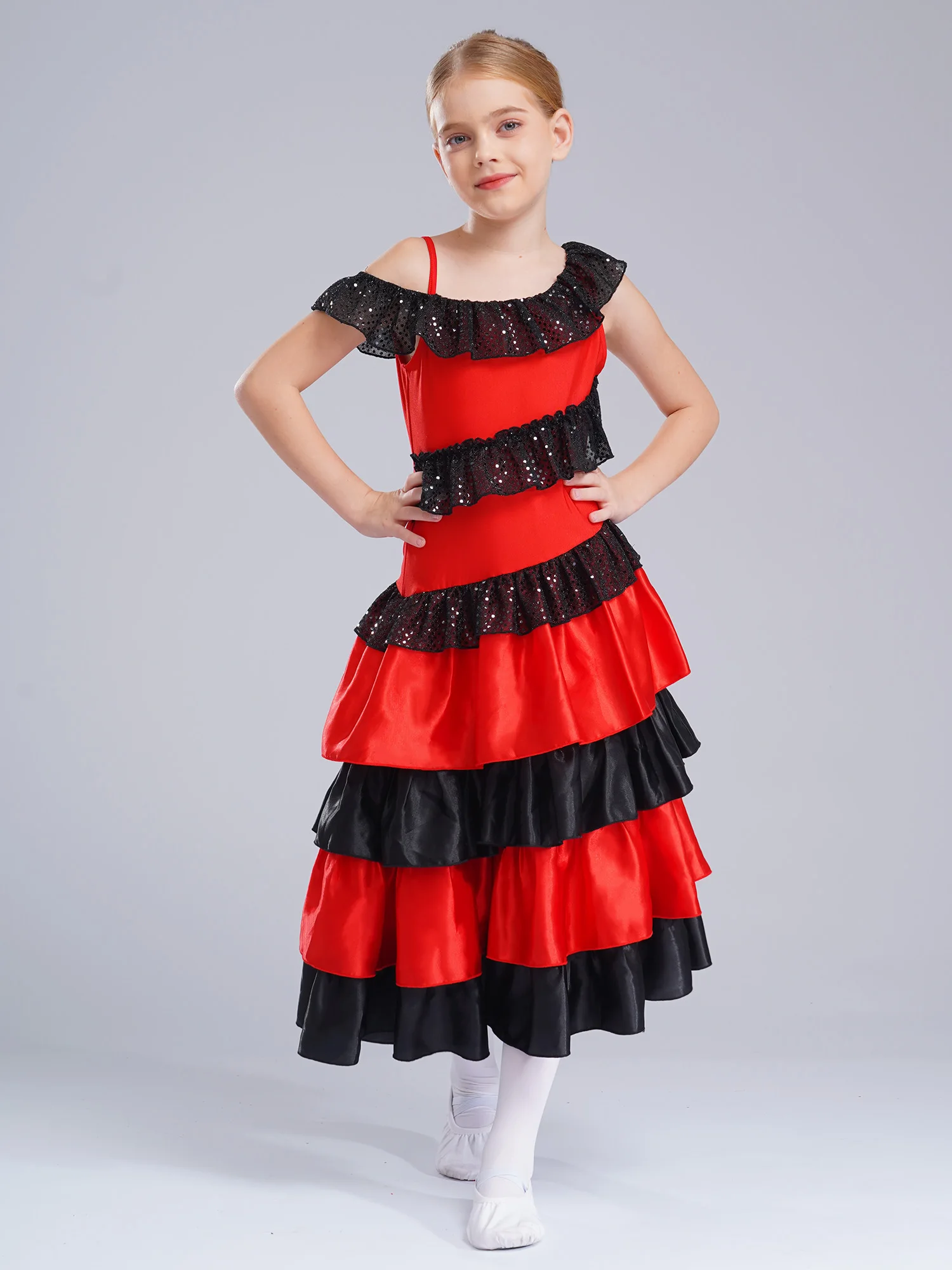 Girls Traditional Spanish Flamenco Dance Color Block Dress Tiered Ruffled Folklorico Dress Carnival Festival Fancy Dress-up