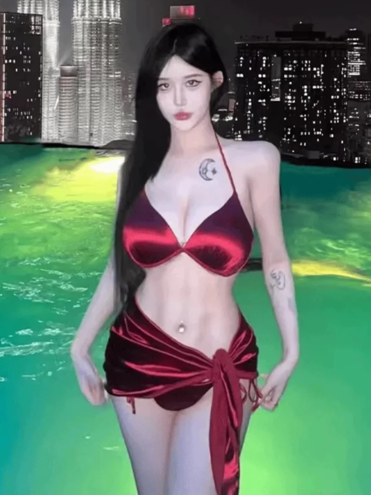 

Red Satin Ne Hanging Bikini Set Women's Tee-piece Suit Sexy Spicy Girl Hot Spring Vaion Swimmingwear Polyester Material