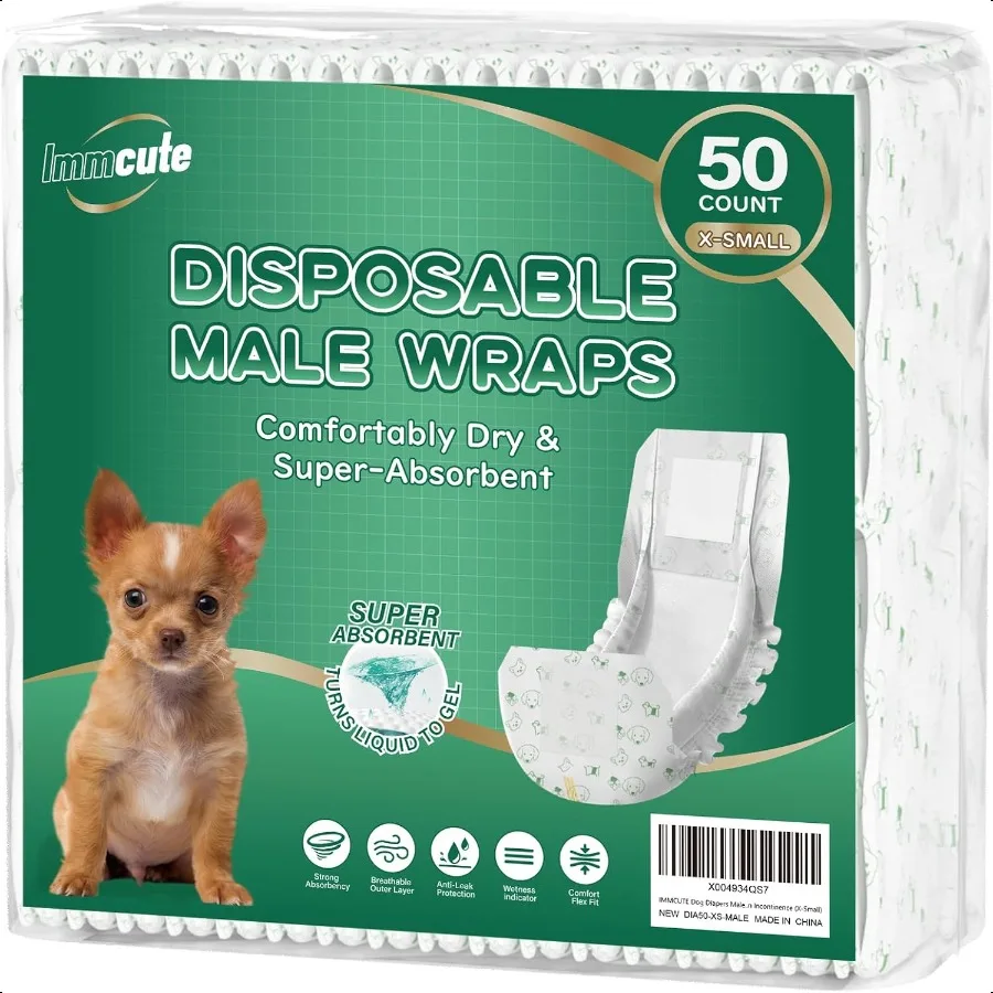 

Dog Diapers Male 50 Ct XS Size erAbsorbent Male Dog Wraps Doggie Diapers with Wetn Indicator Puppy Diapers Male for Marking Ex