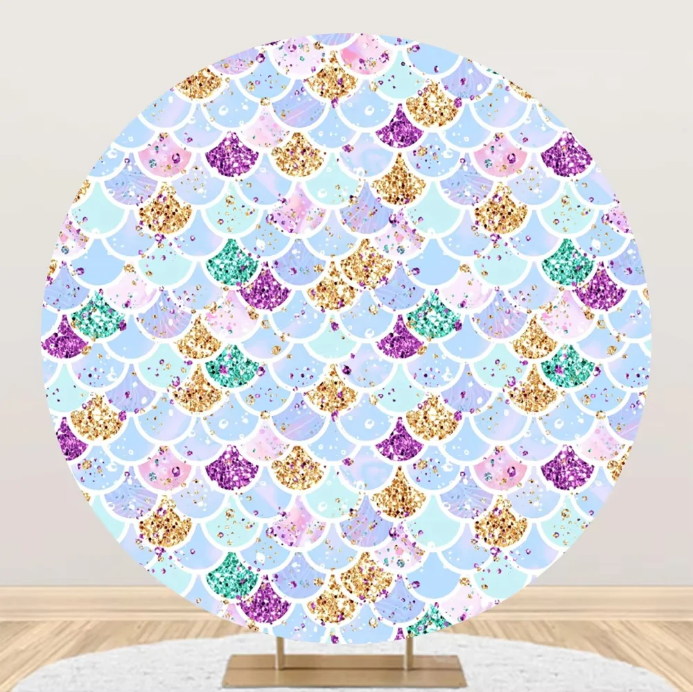 Glitter Mermaid Scales Happy Birthday Round Photography Background Ocean Theme Kids Birthday Party Portrait Decor Photo Backdrop