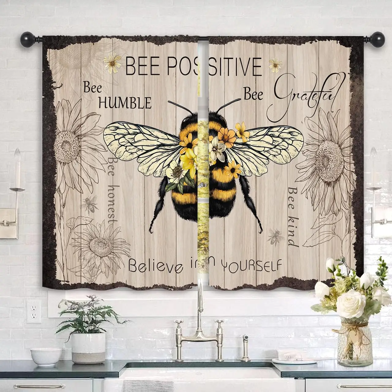 Rustic Farmhouse Bee Kitchen Curtains Country Positive Vintage Inspirational Motivational Wooden Rod Pocket Short Cafe Small