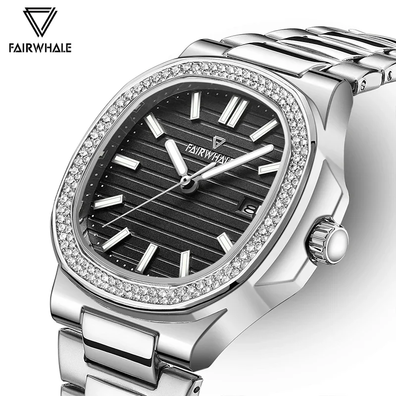 Luxury Wrist Watch Mens Fashion Iced Diamond Stainless Steel Waterproof AAA Quartz Watches Man Famous Brands Mark Fairwhale 2023