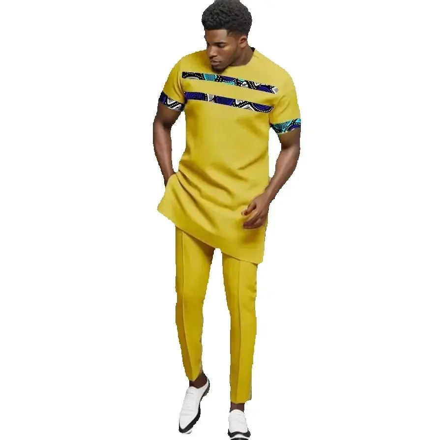 

Ginger Yellow Party Set For Men Patchwork Tops With Solid Pants Original Design Nigerian Fashion African Couture Male Groom Suit