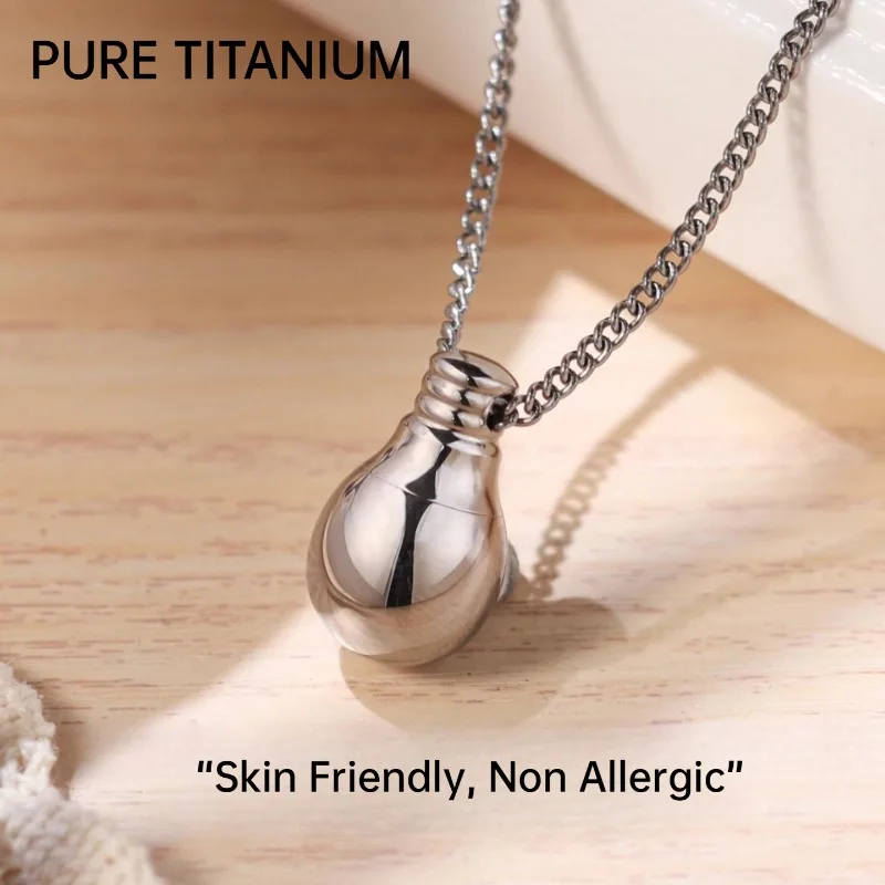 Pure Titanium Lightbulb Time Capsule Pendant Necklace Hollow Design with Storage Polished Skin-Friendly Non Allergic Unique Gift