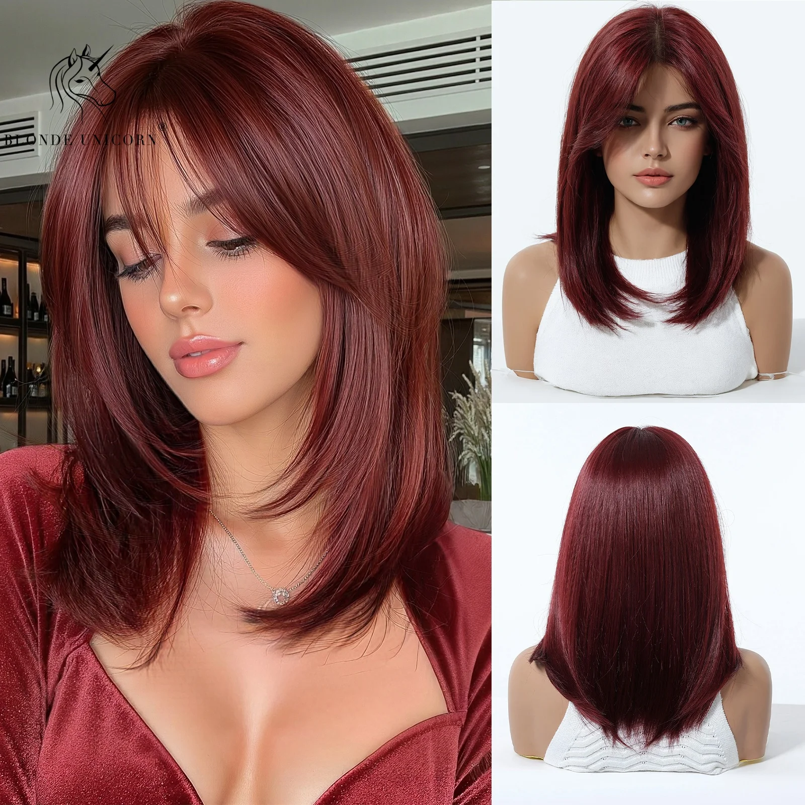 

Blonde Golden Brown Red Layered Long Straight Synthetic Wig with Curtain Bangs for Women Heat Resistant Hair Natural Daily Party