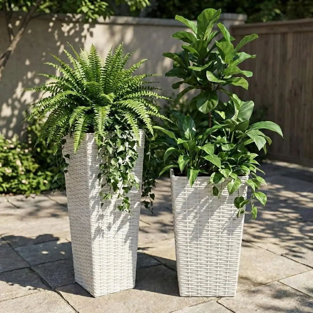 Lot de 2 jardinières rectangulaires hautes en rotin 24/32 po – Pots de fleurs d'extérieur en plastique avec doublures amovibles et trous de drainage pour jardin et patio