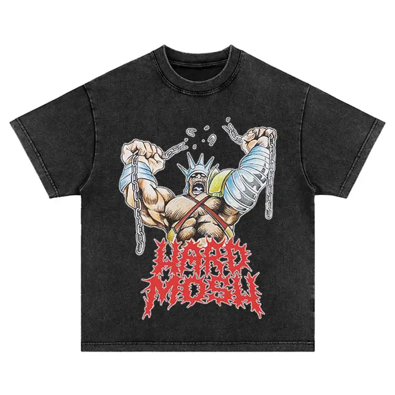 Washed Vintage Hip Hop Streetwear Muscular Man Comic Print Harajuku Cotton Punk Fashion Oversized Short Sleeve Loose T-Shirt Top