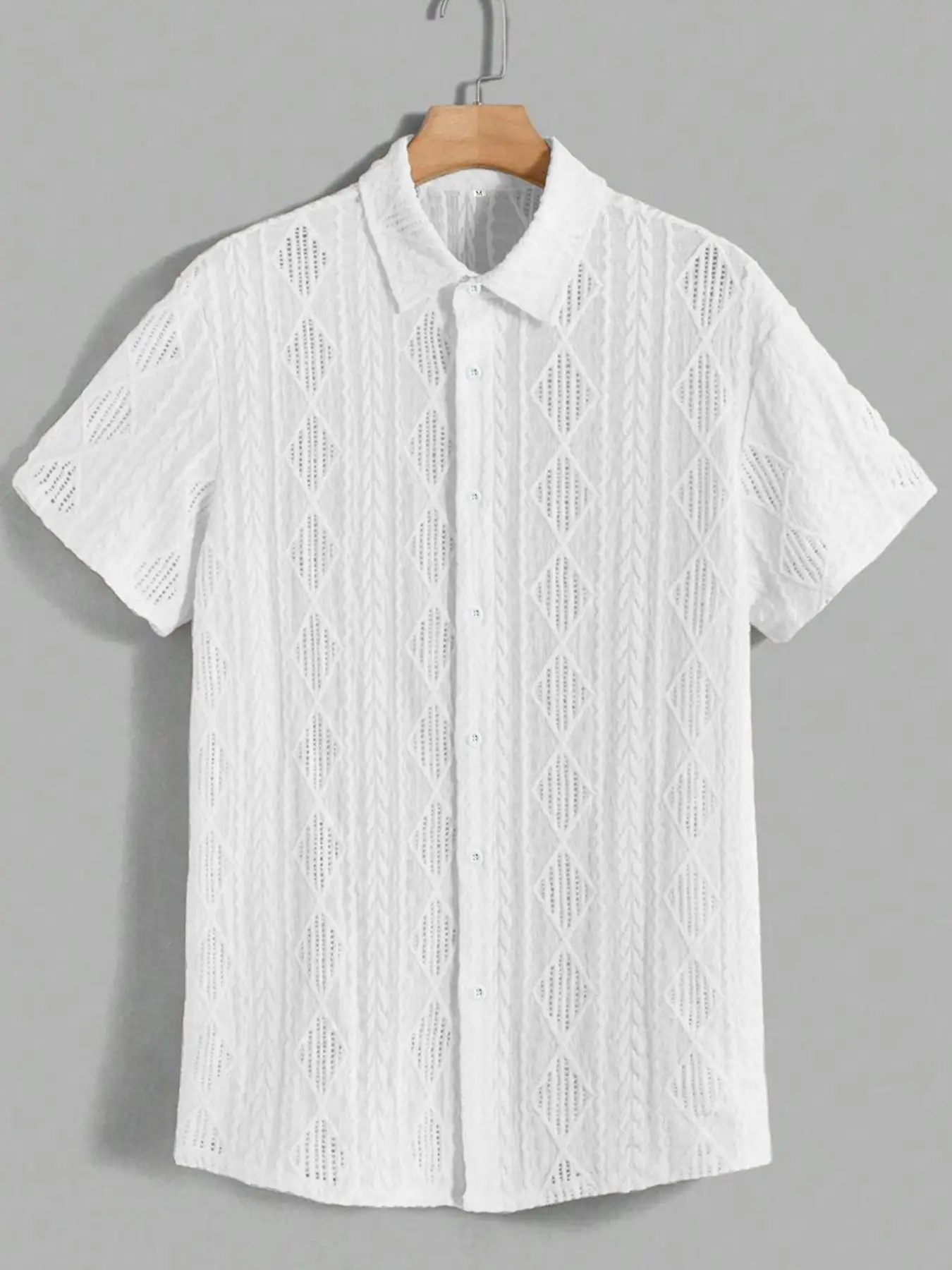 Men's regular slim fit solid color short sleeved shirt with button down casual hollow top, suitable for summer fashion daily wea