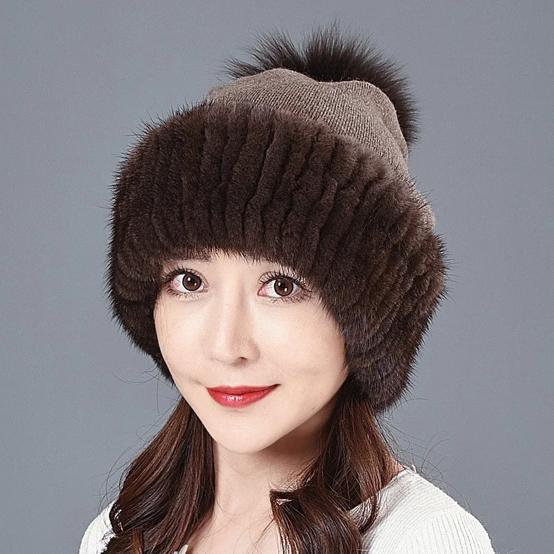 

Woolen yarn blended fur hat women's sweet ball ear-protecting warm adult