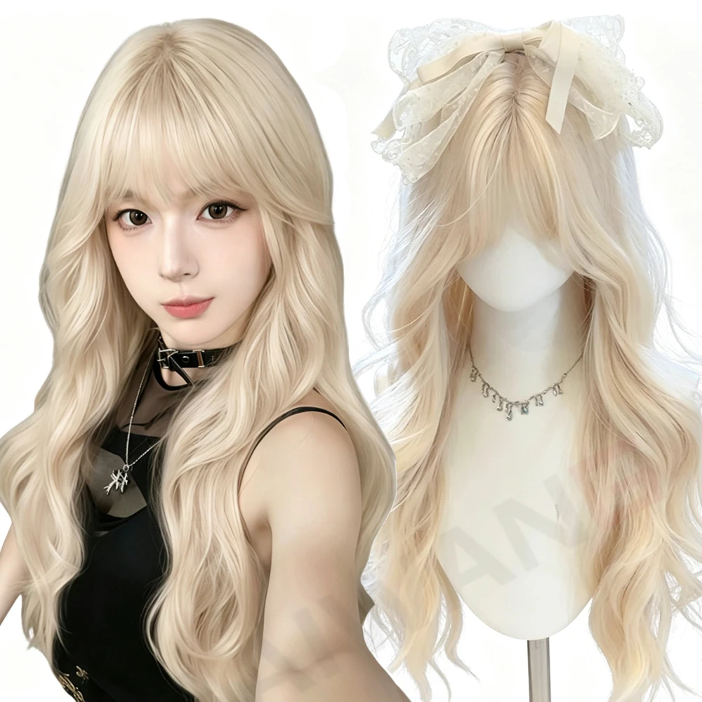Lolita Platinum Blonde Synthetic Wigs Long Wavy Hair With Bangs For Women Daily Cosplay Use Natural Layered Heat Resistant Wigs