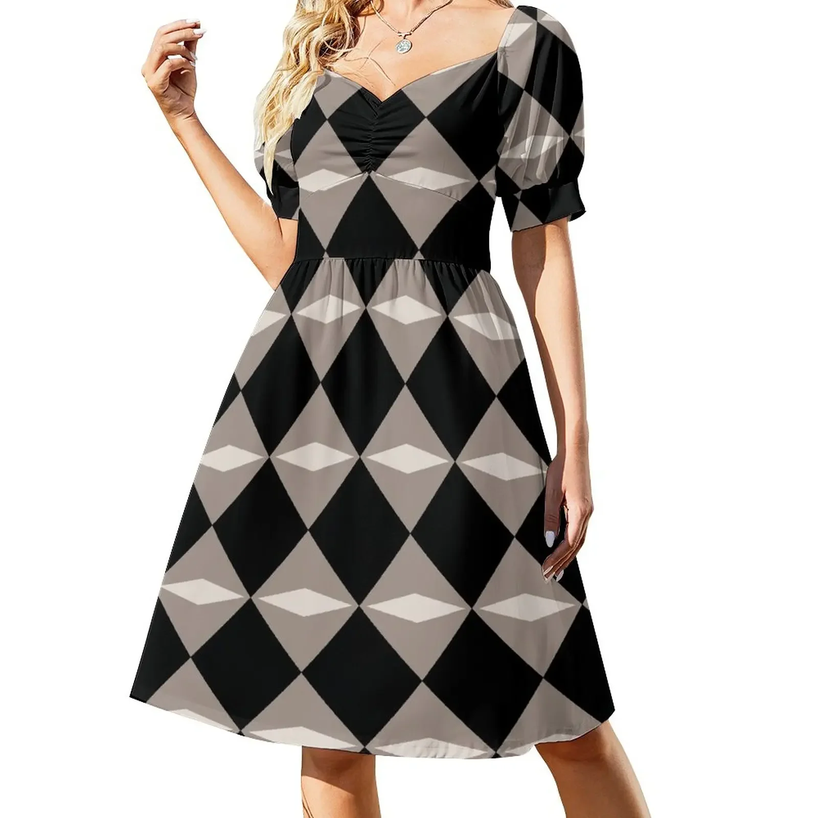 

Geometric Diamond Pattern 723 Black and Beige Short-Sleeved Dress evening dress women women's evening dresses 2025
