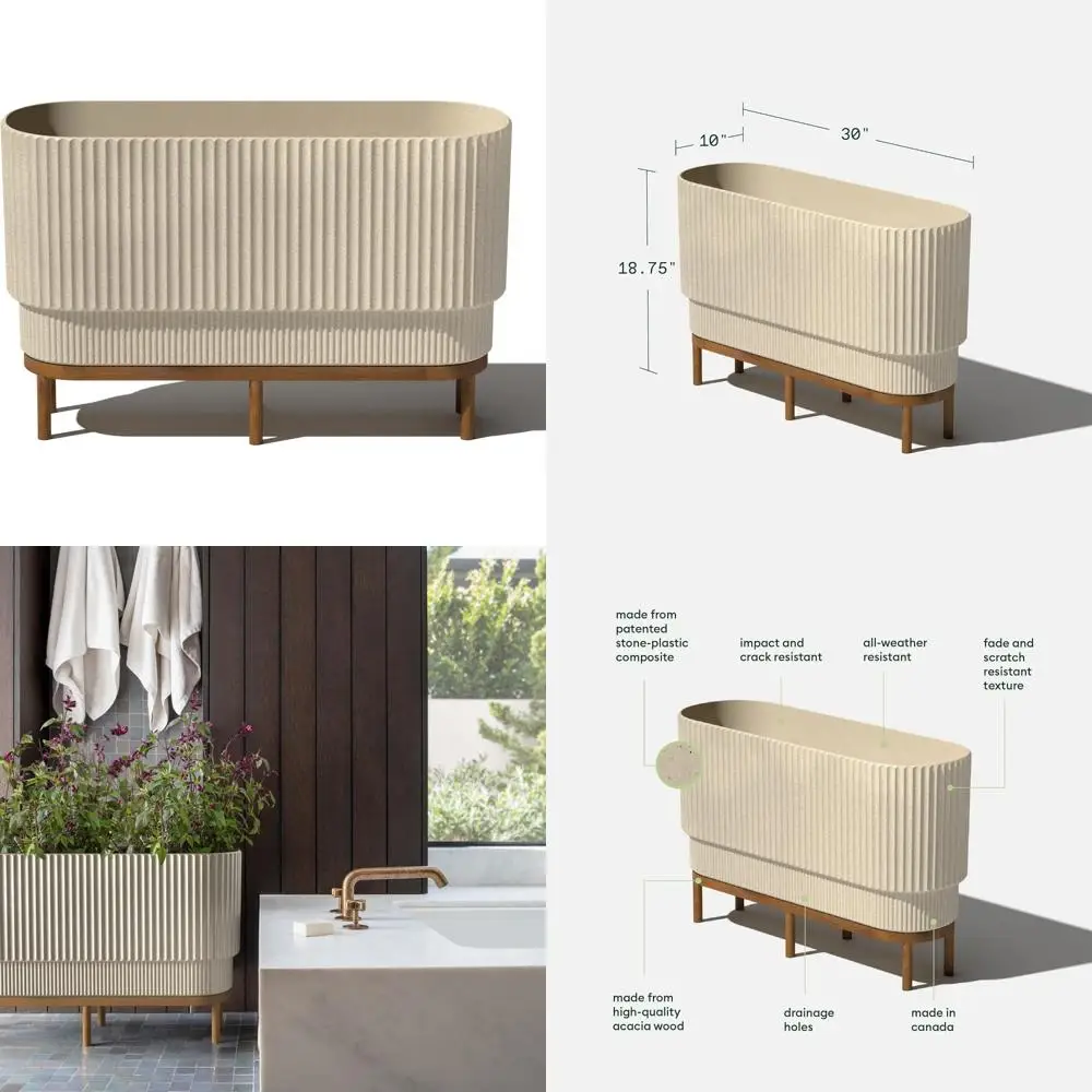 

Raised Long Planter Indoor/Outdoor | Plastic & Stone Material with Wooden Stand | Modern Patio Decorative Planter for Home and G
