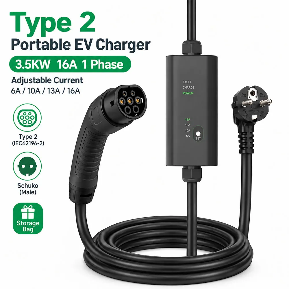 EVMBO 3.5kW Portable EV Charger Type 2 16A 230V Electric Car Charger Mode 2 IEC 62196-2 EV Charging Cable 5M