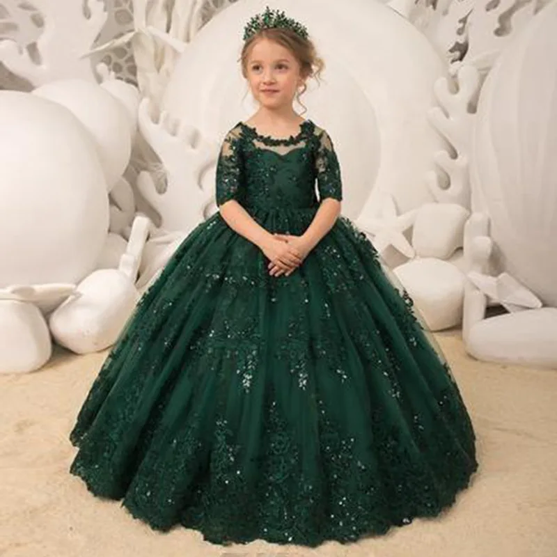 Customized Green Ball Gown Baby Flower Girl Dresses Appliques Half Sleeves Children Wedding Party Birthday Gowns