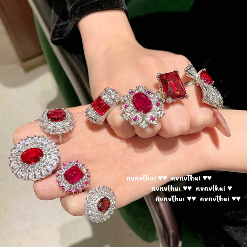 

2024 New Exquisite Dazzling Lab Ruby Wedding Rings Women Luxury Platinum Plating Red Cubic Zirconia Inlay Promise Ring Jewelry