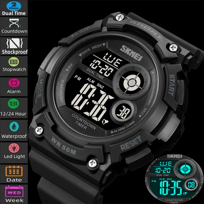 

Skmei Led Waterproof Sport's Watches Big Size Dial Shockproof Digital Dual Time Men's Military 12/24 Hours Alarm Clock