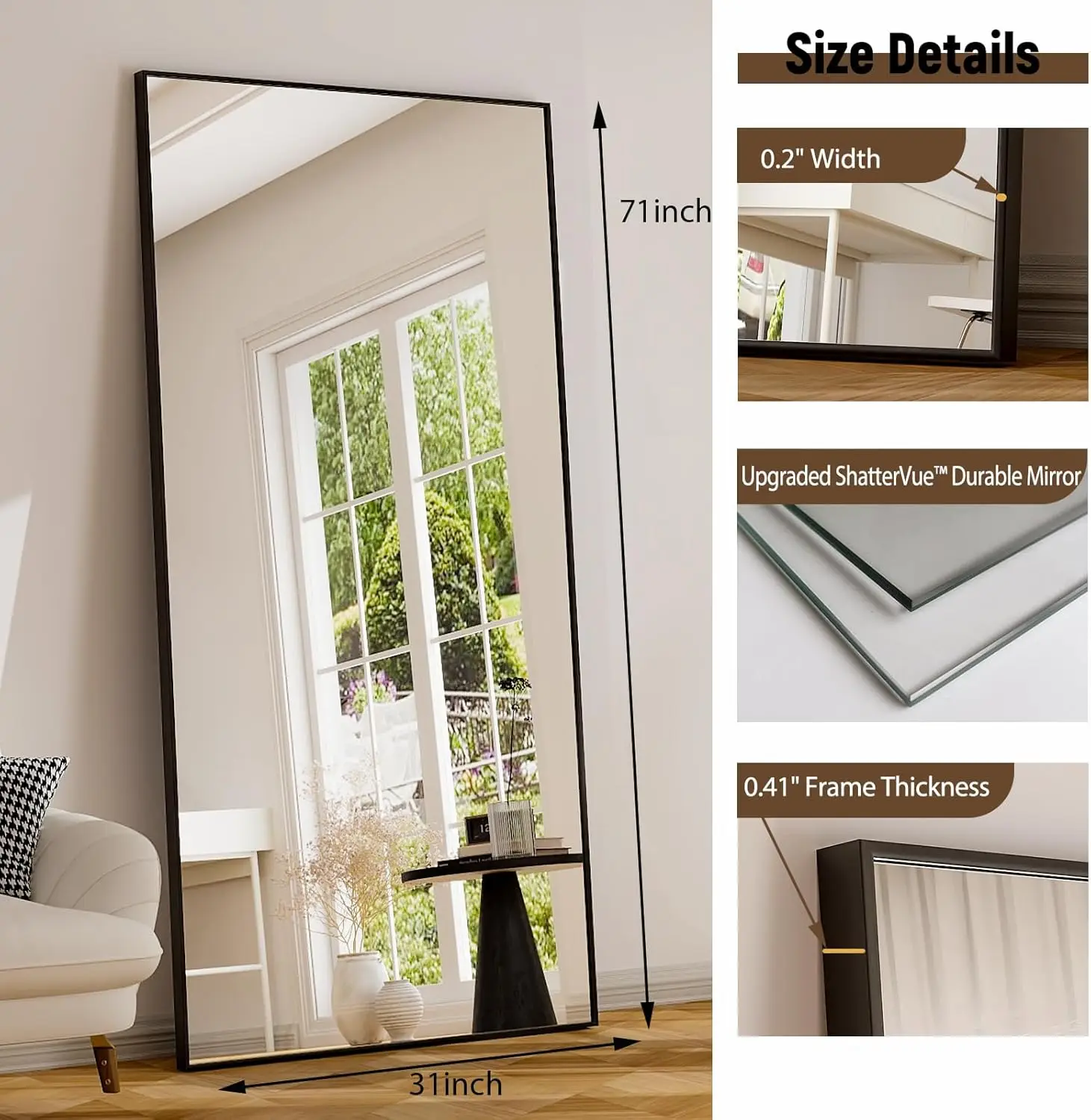 71"x31" Full Length Mirror Extra Large Hanging or Leaning Rectangle Mirror Aluminum Alloy Thin Frame Bedroom Floor Dress