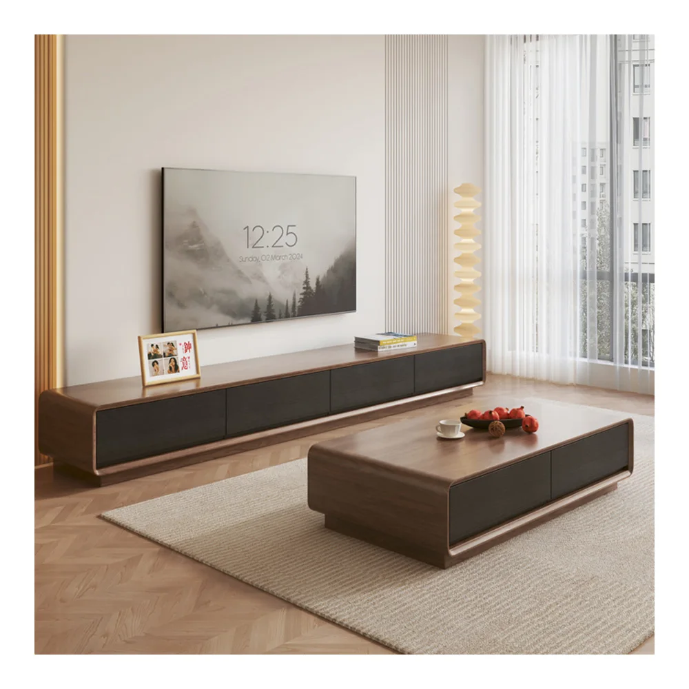 #Minimalist Walnut Tv Cabinet Coffee Table Simple Modern Small Apartment Living Room Light Luxury Narrow Tv Cabinet Low Cabinet
