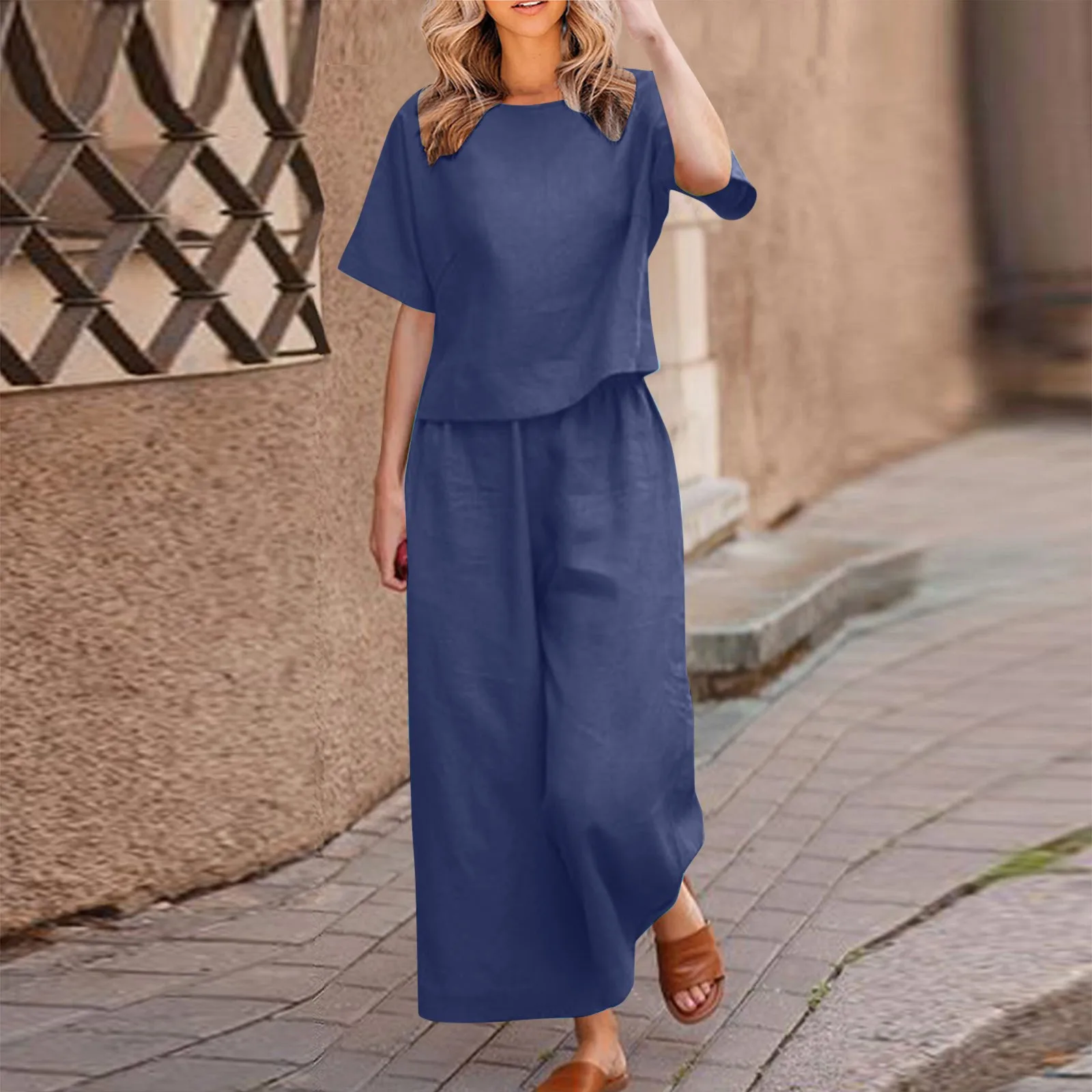 Women Cotton Linen Suit Fashion Comfortable Short Sleeve And Long Pants Solid Color Casual Loose oversized Summer Sets Dress Top