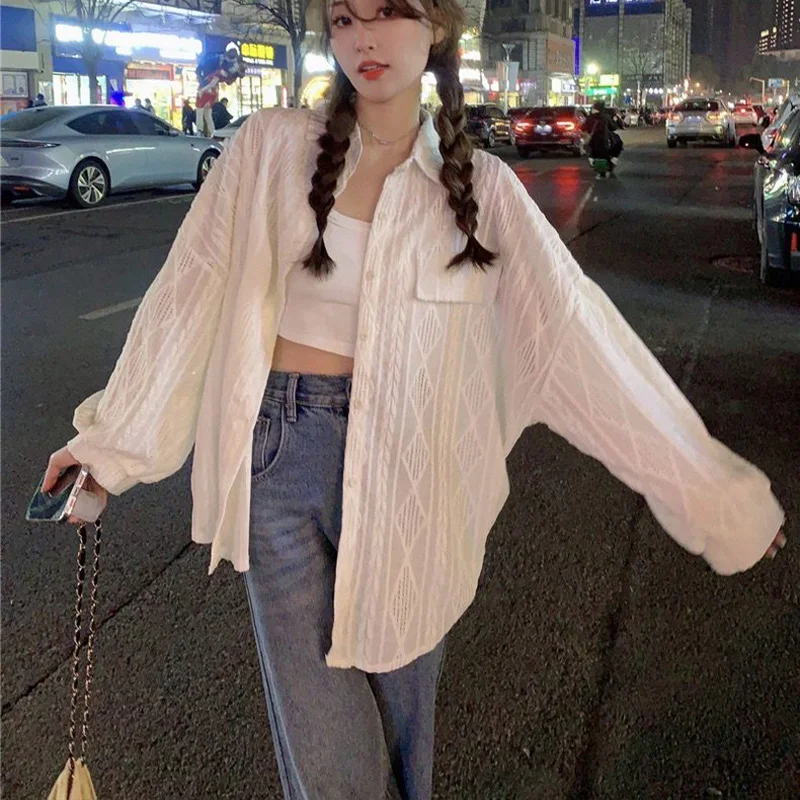 Women Fashion Hollow Out Solid Thin Shirt Spring Summer Long Sleeve Turn-down Collar All-match White Button Open Stitch Tops