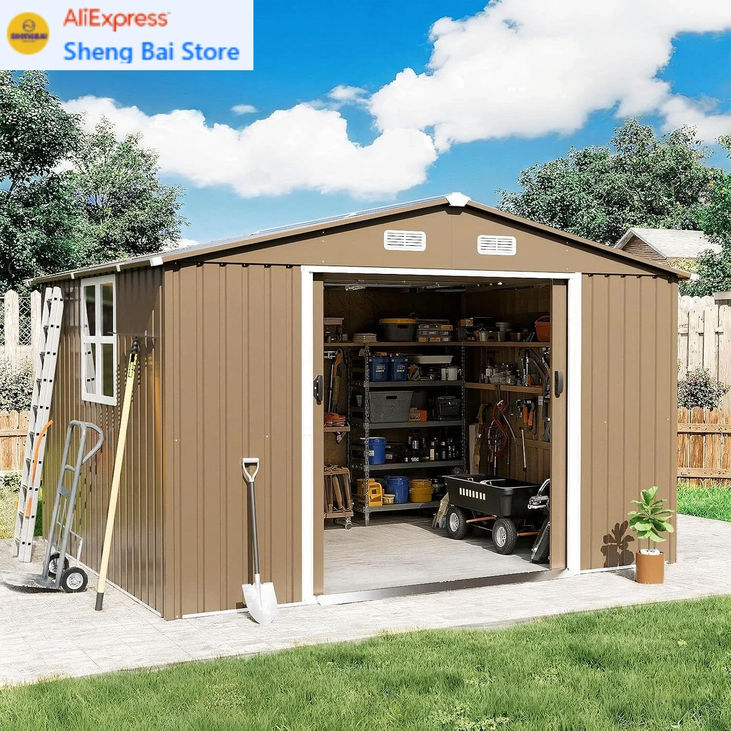 

Металлический навес для хранения с 1 большим уклоном, наклонными ступеньками, водонепроницаемой наклонной крышей, навесами 10 футов x 8 футов и для хранения на открытом воздухе, серый