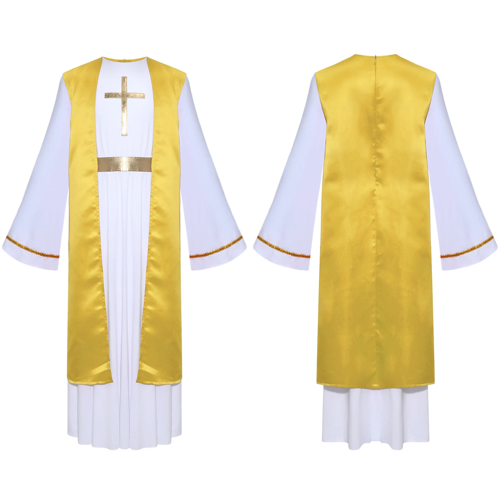 

Two Piece Boys Girls Jesus Costume Set Color Block Long Dress with Cross Design Flare Sleeves for Christmas Halloween Cosplay