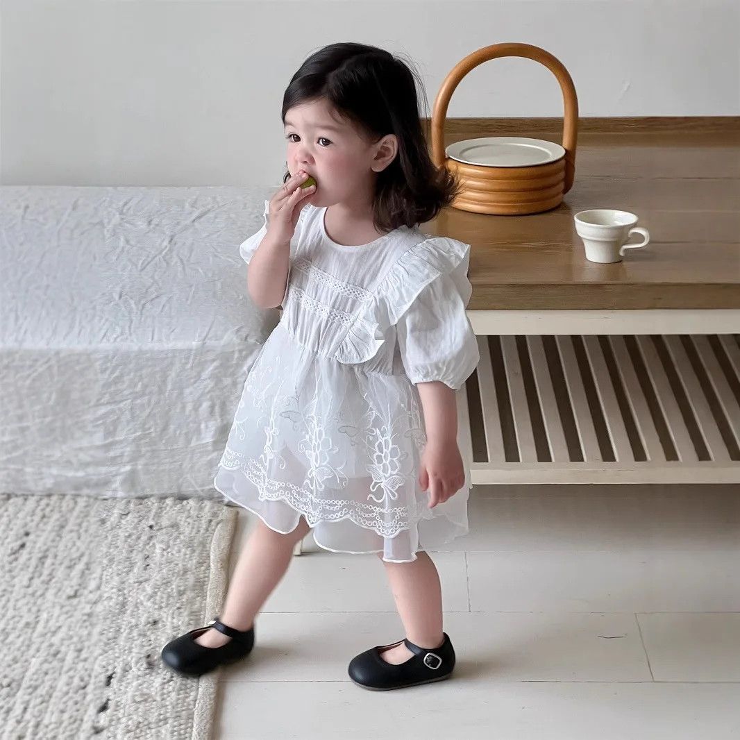 

Girl Skirt 2025 Summer New Childrens Clothing Korean Style Girl Baby Short Sleeve Lace Wrap Fart Skirt Casual Simple Daily