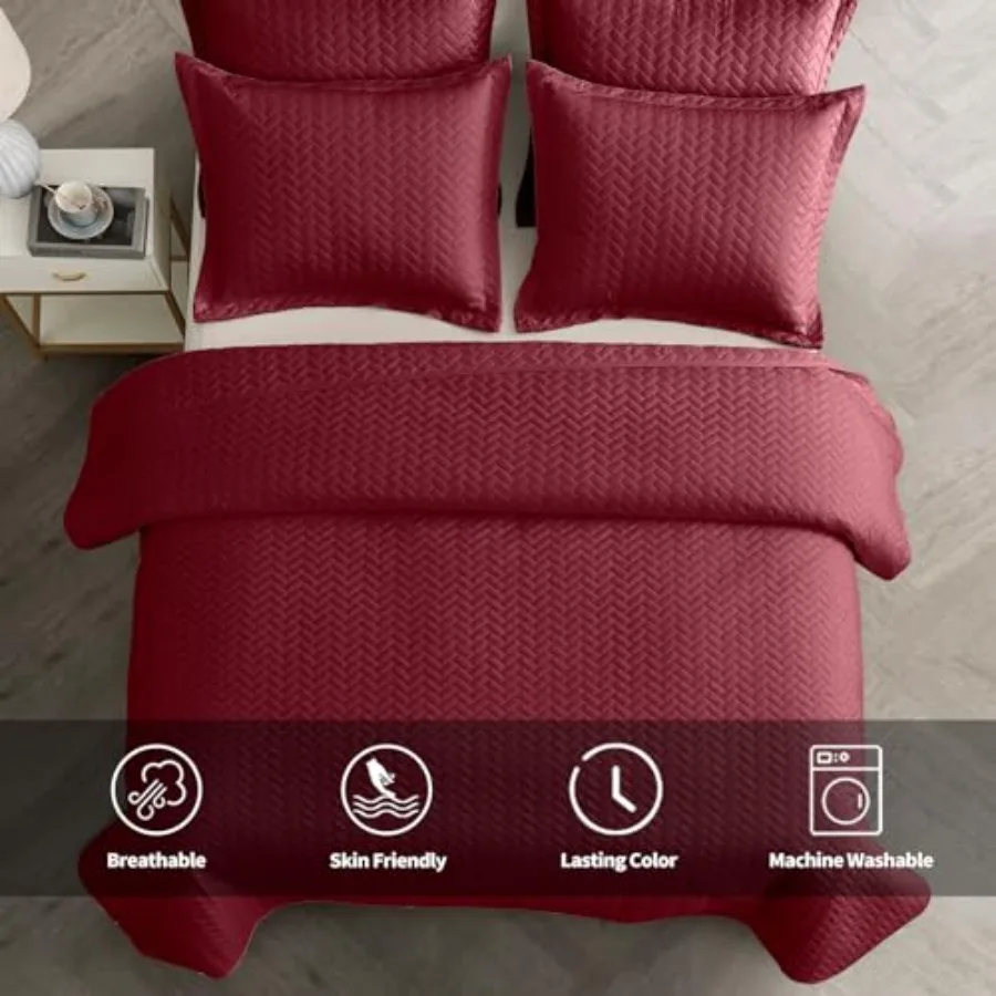 Set trapunta Queen Size Borgogna Copriletto leggero Ultrasuoni Modello Chevron Copriletto leggero per biancheria da letto trapuntata per tutte le stagioni